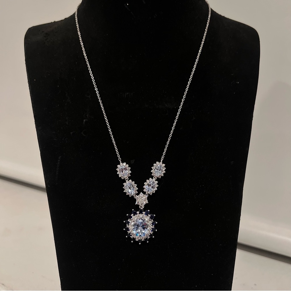 NEW Blue Sapphire&White Sapphire Statement Pendant Necklace